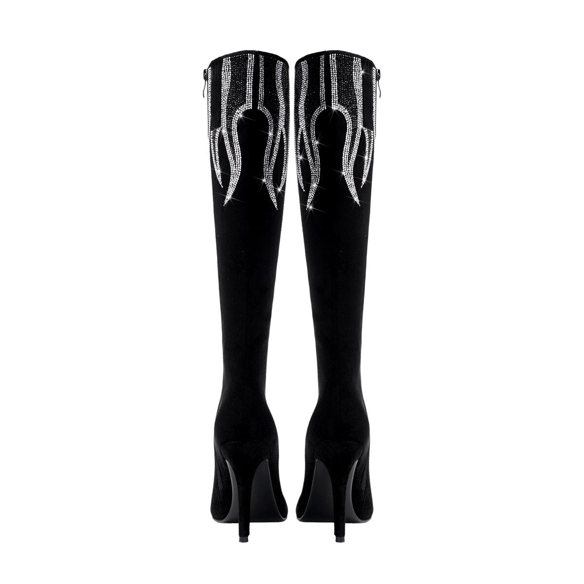 Rhinestone Flame Embellished Stiletto Knee High Boots