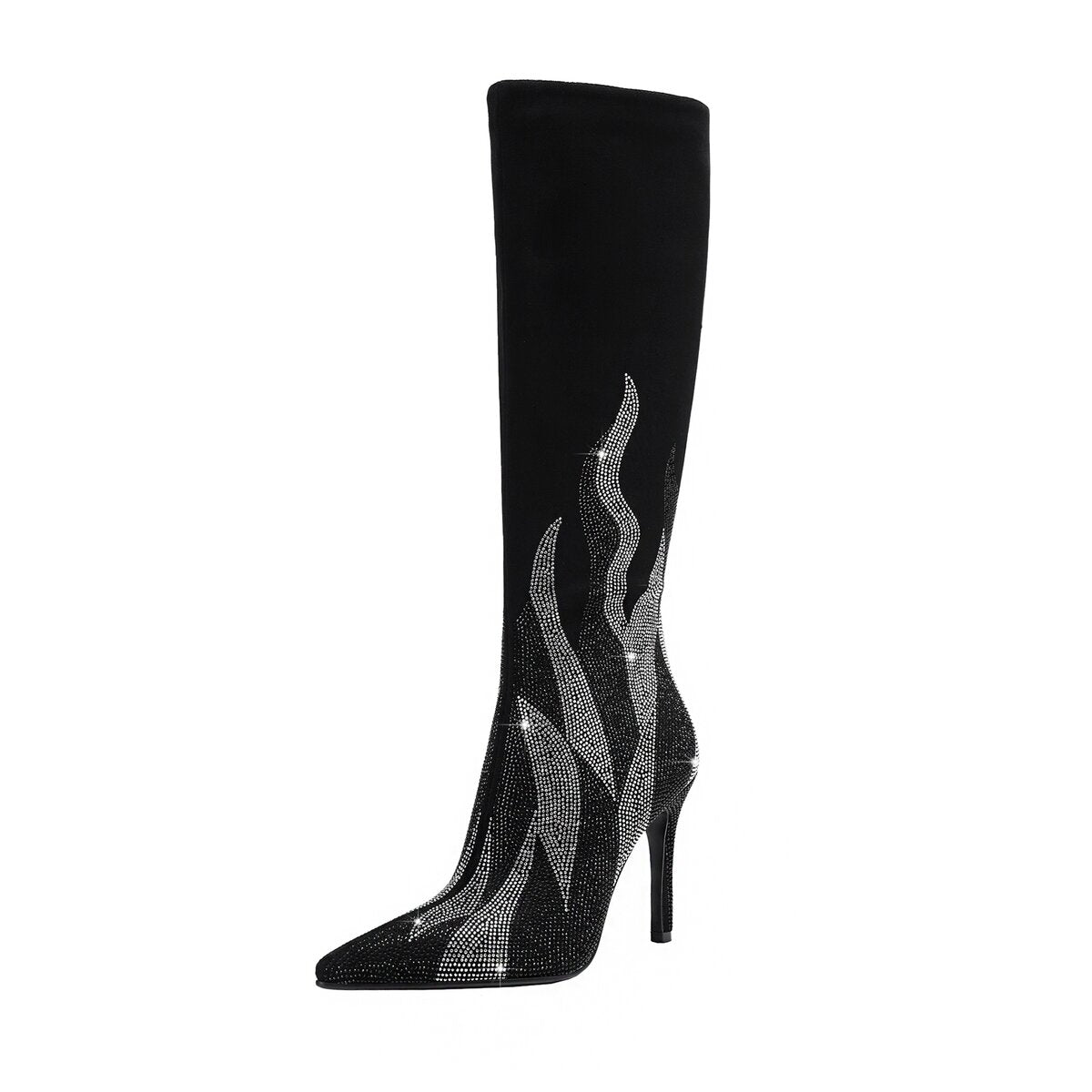 Rhinestone Flame Pointed Toe Stiletto Knee High Boots