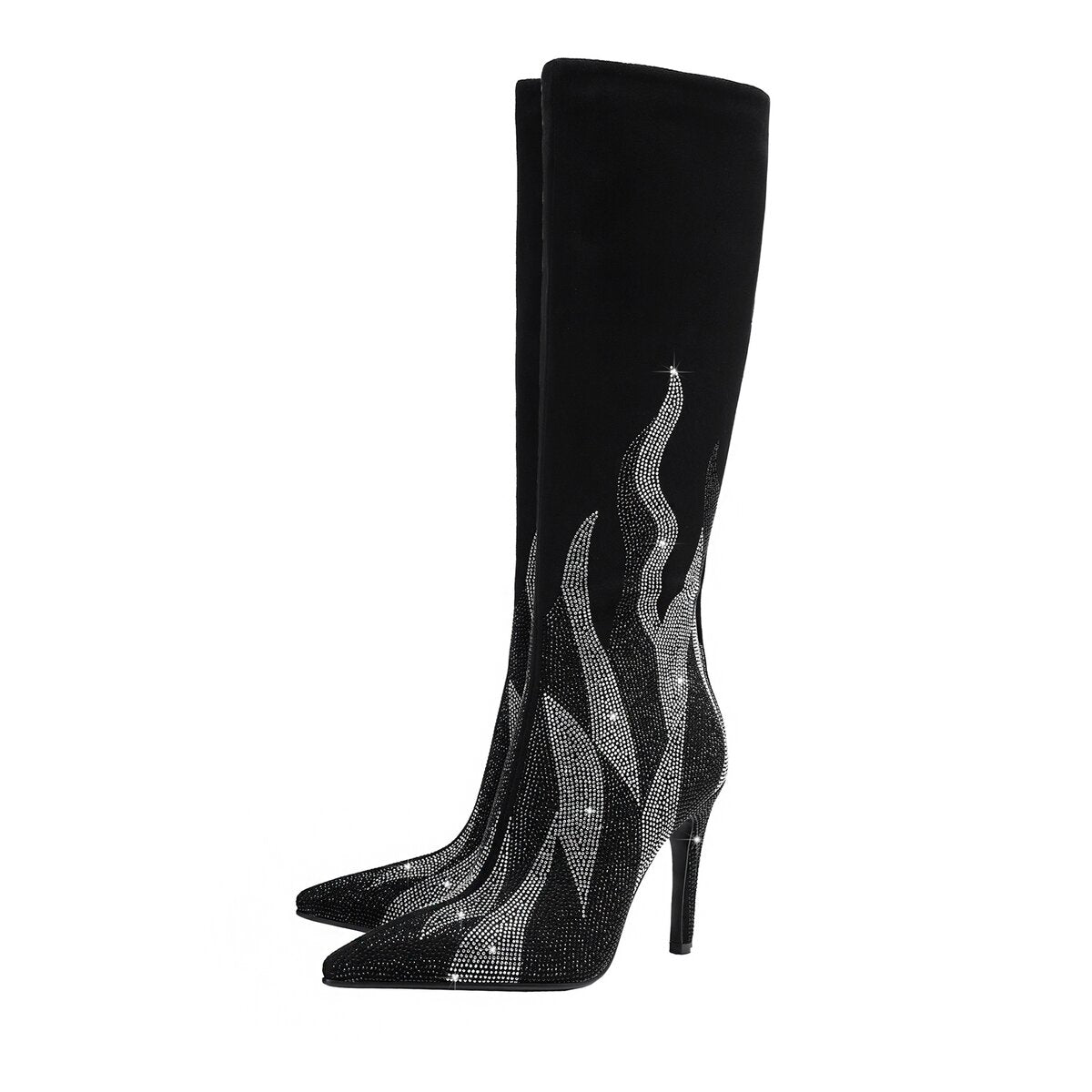Rhinestone Flame Pointed Toe Stiletto Knee High Boots