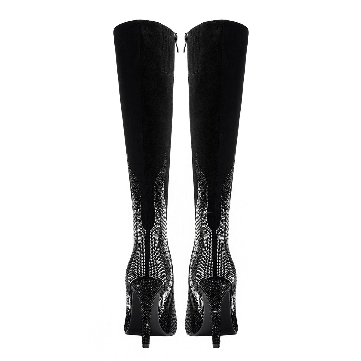 Rhinestone Flame Pointed Toe Stiletto Knee High Boots