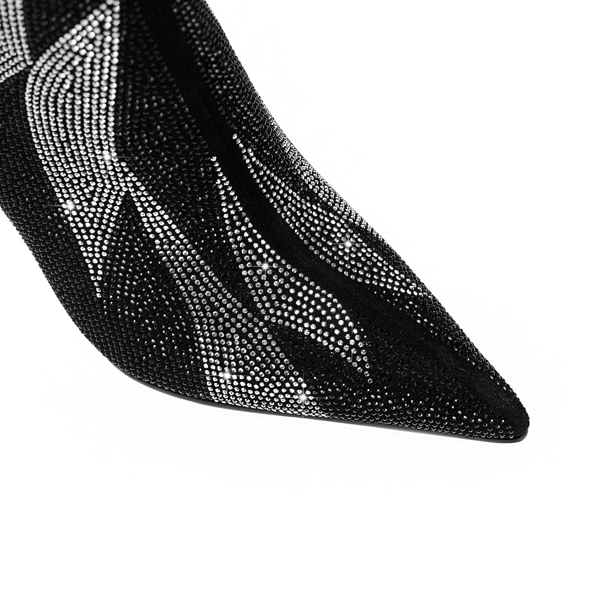 Rhinestone Flame Pointed Toe Stiletto Knee High Boots