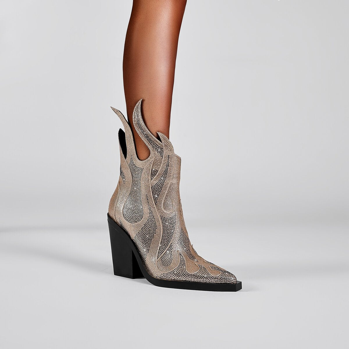 Rhinestone Flame Sculpted Western Ankle Boots