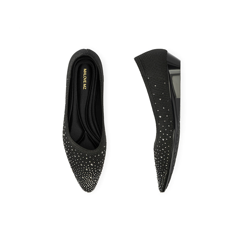 Rhinestone Gradient Knit Pointed Toe Wedge Flats – Sparkling Washable Work Shoes