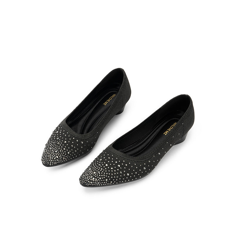 Rhinestone Gradient Knit Pointed Toe Wedge Flats – Sparkling Washable Work Shoes