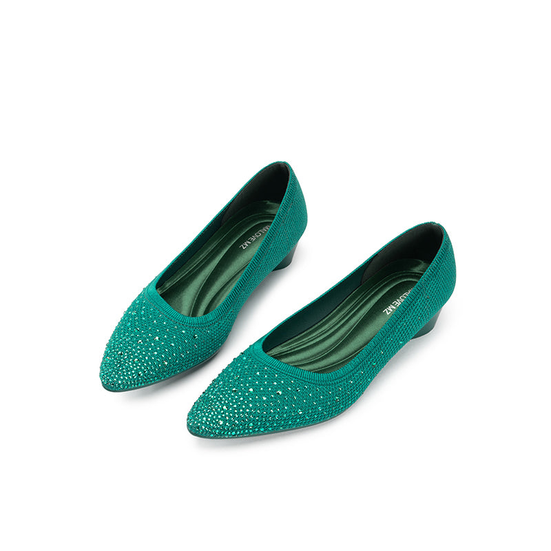 Rhinestone Gradient Knit Pointed Toe Wedge Flats – Sparkling Washable Work Shoes