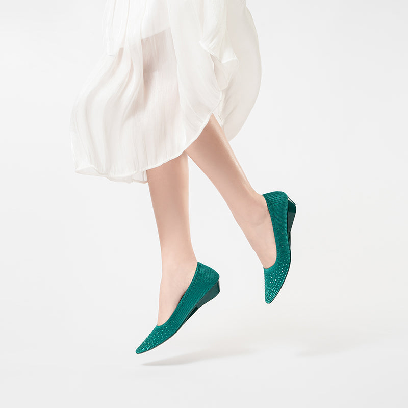 Rhinestone Gradient Knit Pointed Toe Wedge Flats – Sparkling Washable Work Shoes