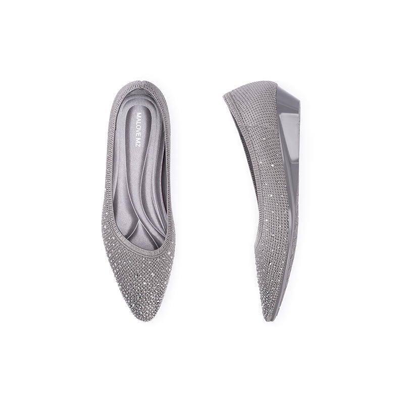 Rhinestone Gradient Knit Pointed Toe Wedge Flats – Sparkling Washable Work Shoes
