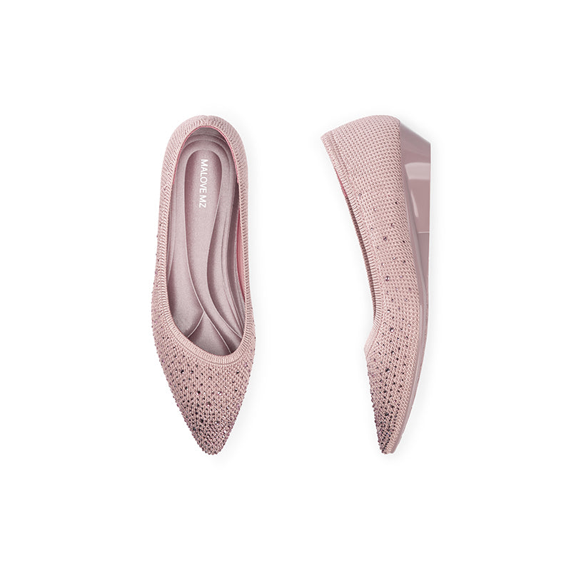 Rhinestone Gradient Knit Pointed Toe Wedge Flats – Sparkling Washable Work Shoes