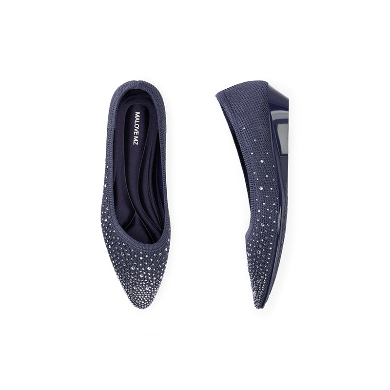 Rhinestone Gradient Knit Pointed Toe Wedge Flats – Sparkling Washable Work Shoes