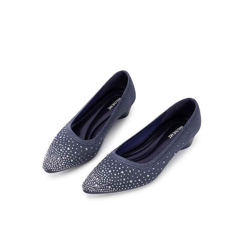 Rhinestone Gradient Knit Pointed Toe Wedge Flats – Sparkling Washable Work Shoes
