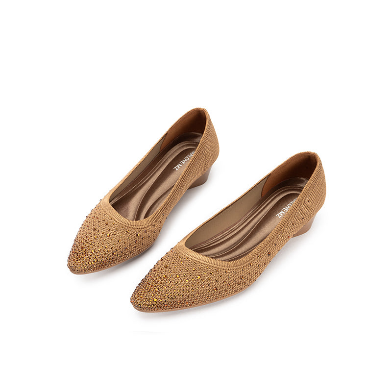 Rhinestone Gradient Knit Pointed Toe Wedge Flats – Sparkling Washable Work Shoes