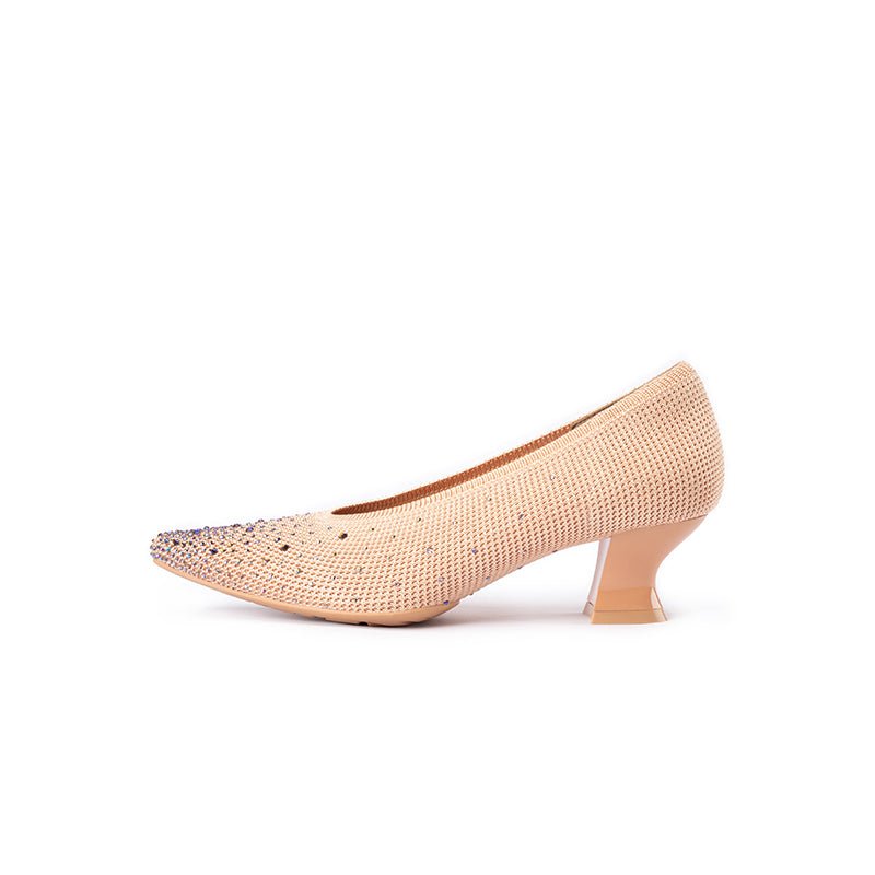Rhinestone Knit Pointed Toe Pumps – Lightweight 5cm Block Heel Work Shoes