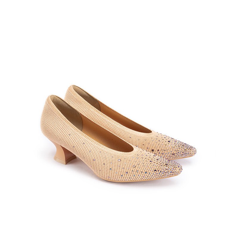 Rhinestone Knit Pointed Toe Pumps – Lightweight 5cm Block Heel Work Shoes