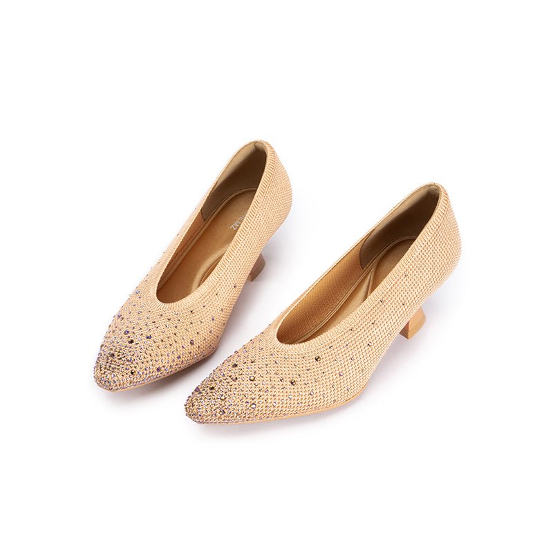 Rhinestone Knit Pointed Toe Pumps – Lightweight 5cm Block Heel Work Shoes