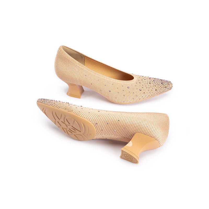 Rhinestone Knit Pointed Toe Pumps – Lightweight 5cm Block Heel Work Shoes