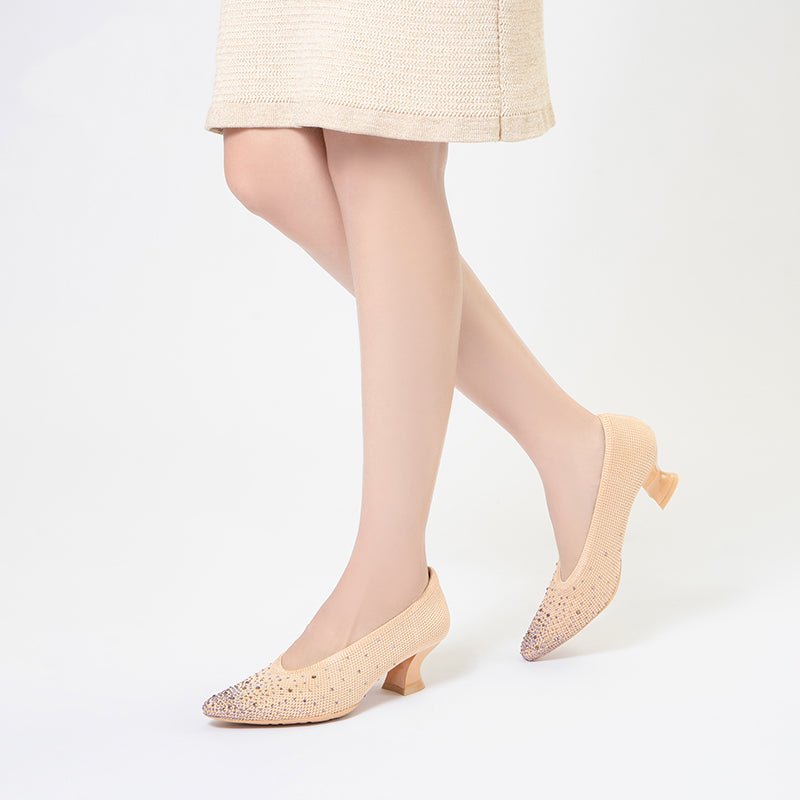 Rhinestone Knit Pointed Toe Pumps – Lightweight 5cm Block Heel Work Shoes