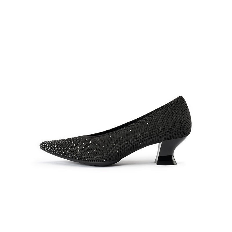 Rhinestone Knit Pointed Toe Pumps – Lightweight 5cm Block Heel Work Shoes