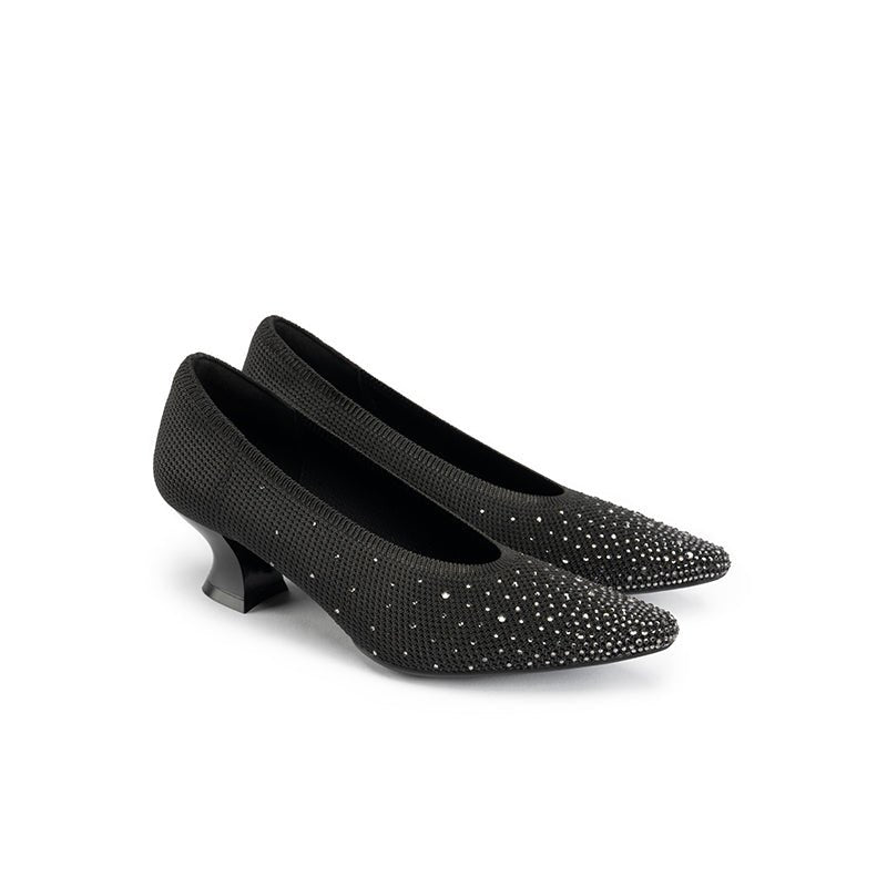 Rhinestone Knit Pointed Toe Pumps – Lightweight 5cm Block Heel Work Shoes