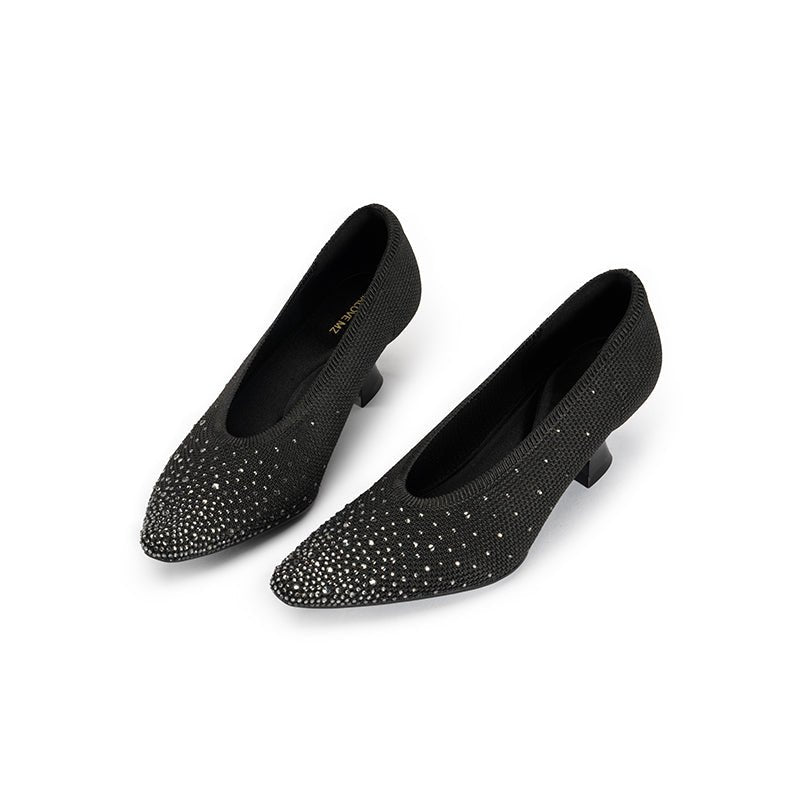 Rhinestone Knit Pointed Toe Pumps – Lightweight 5cm Block Heel Work Shoes