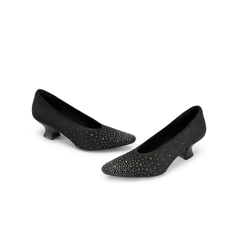 Rhinestone Knit Pointed Toe Pumps – Lightweight 5cm Block Heel Work Shoes