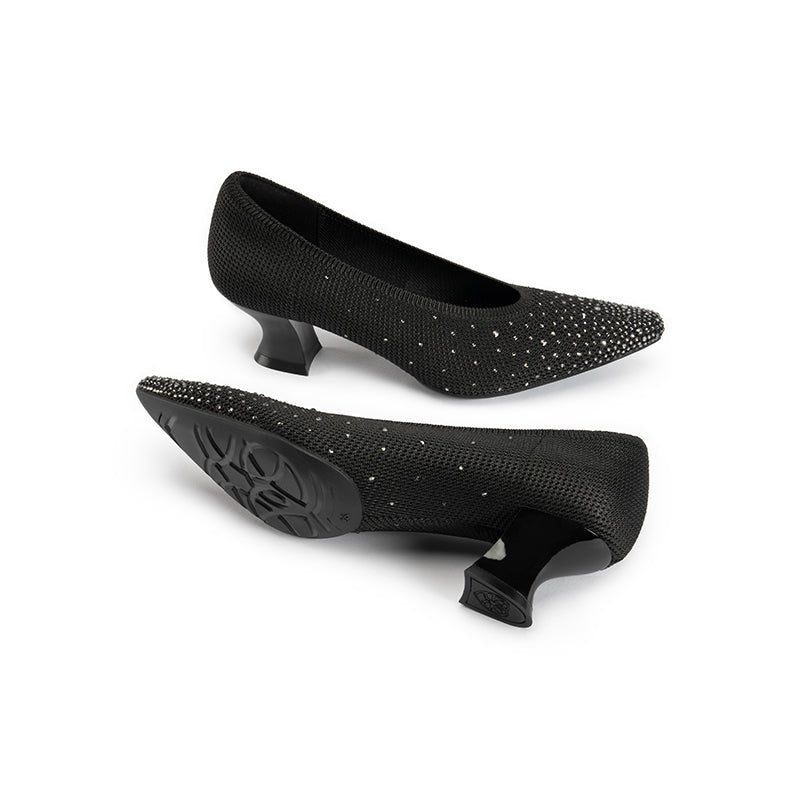 Rhinestone Knit Pointed Toe Pumps – Lightweight 5cm Block Heel Work Shoes