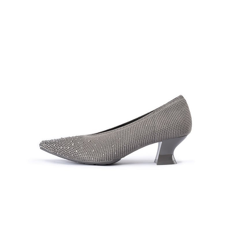 Rhinestone Knit Pointed Toe Pumps – Lightweight 5cm Block Heel Work Shoes