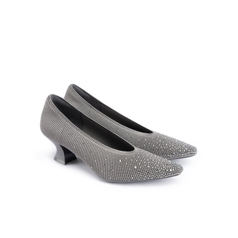 Rhinestone Knit Pointed Toe Pumps – Lightweight 5cm Block Heel Work Shoes