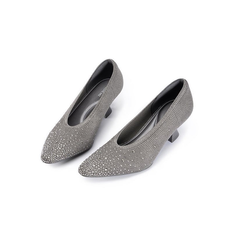 Rhinestone Knit Pointed Toe Pumps – Lightweight 5cm Block Heel Work Shoes