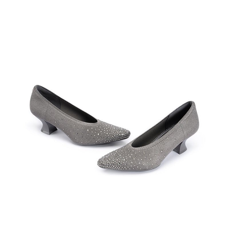 Rhinestone Knit Pointed Toe Pumps – Lightweight 5cm Block Heel Work Shoes