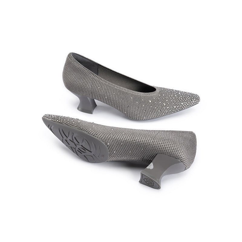 Rhinestone Knit Pointed Toe Pumps – Lightweight 5cm Block Heel Work Shoes