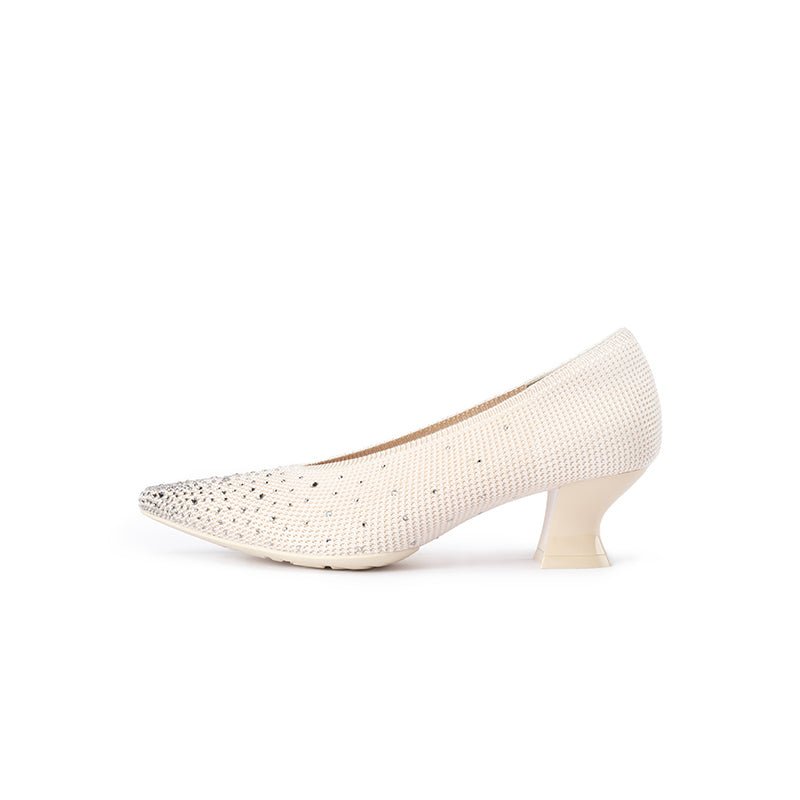 Rhinestone Knit Pointed Toe Pumps – Lightweight 5cm Block Heel Work Shoes