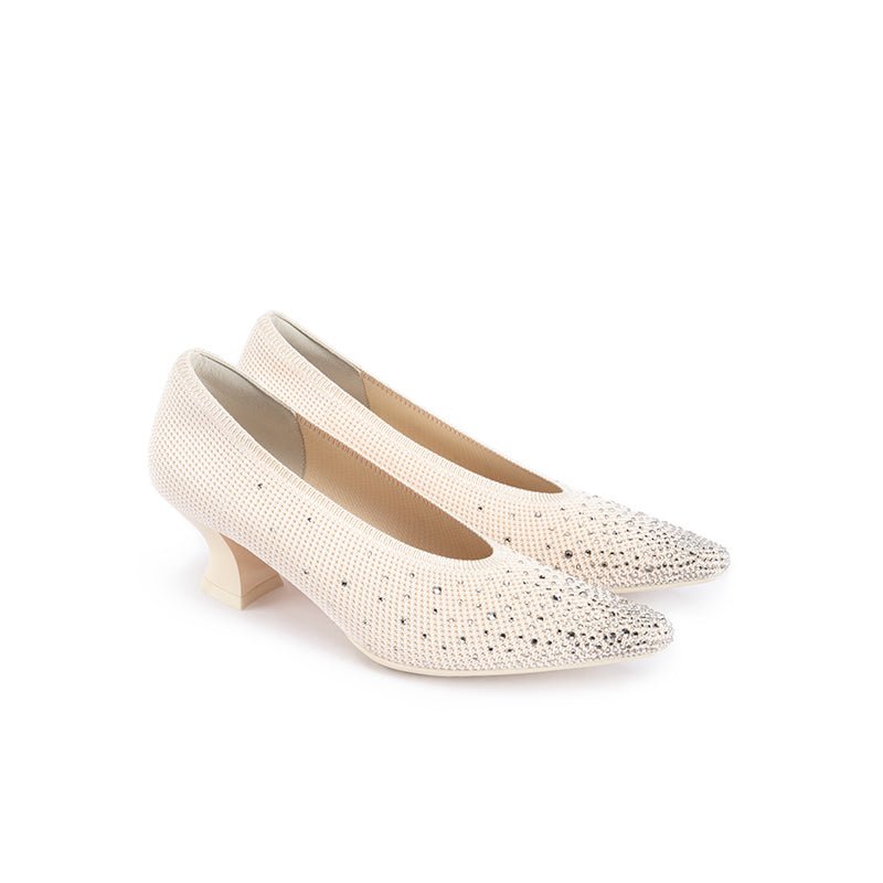 Rhinestone Knit Pointed Toe Pumps – Lightweight 5cm Block Heel Work Shoes