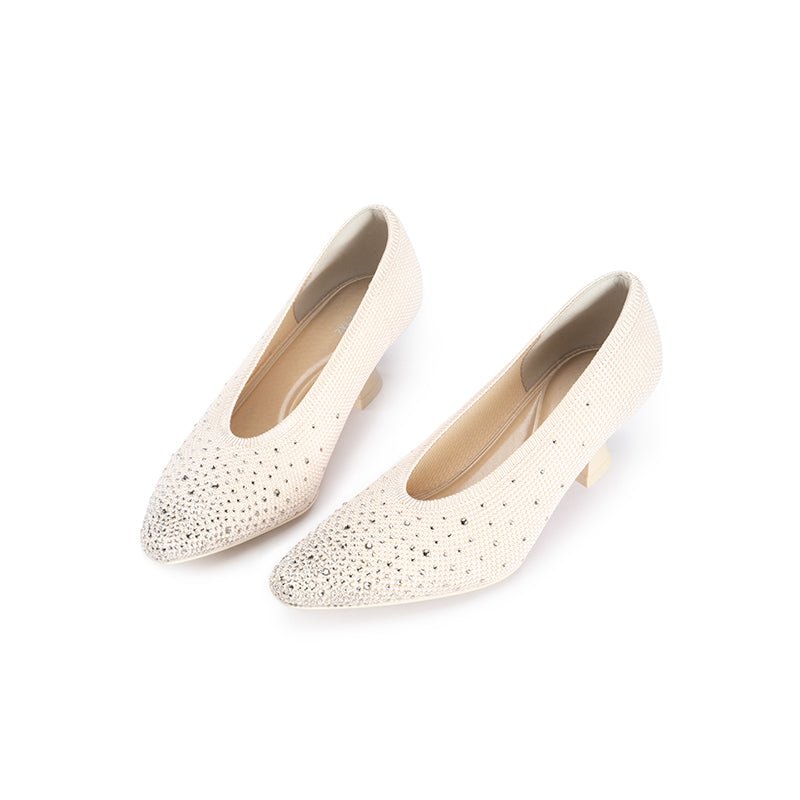 Rhinestone Knit Pointed Toe Pumps – Lightweight 5cm Block Heel Work Shoes