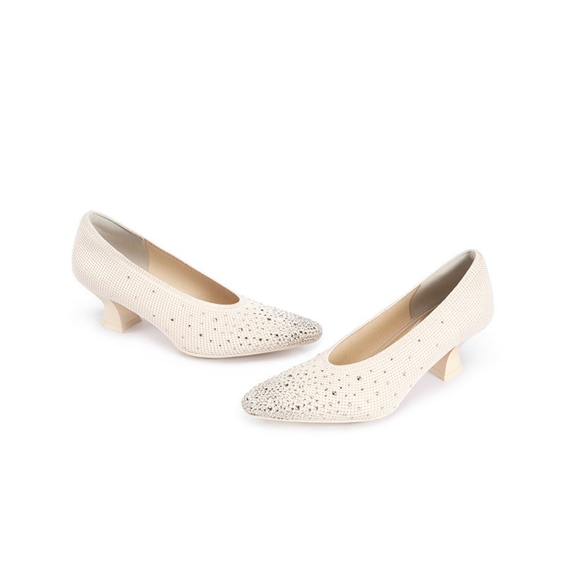 Rhinestone Knit Pointed Toe Pumps – Lightweight 5cm Block Heel Work Shoes