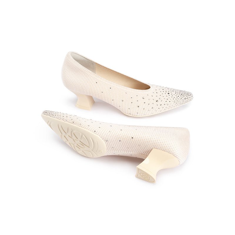Rhinestone Knit Pointed Toe Pumps – Lightweight 5cm Block Heel Work Shoes