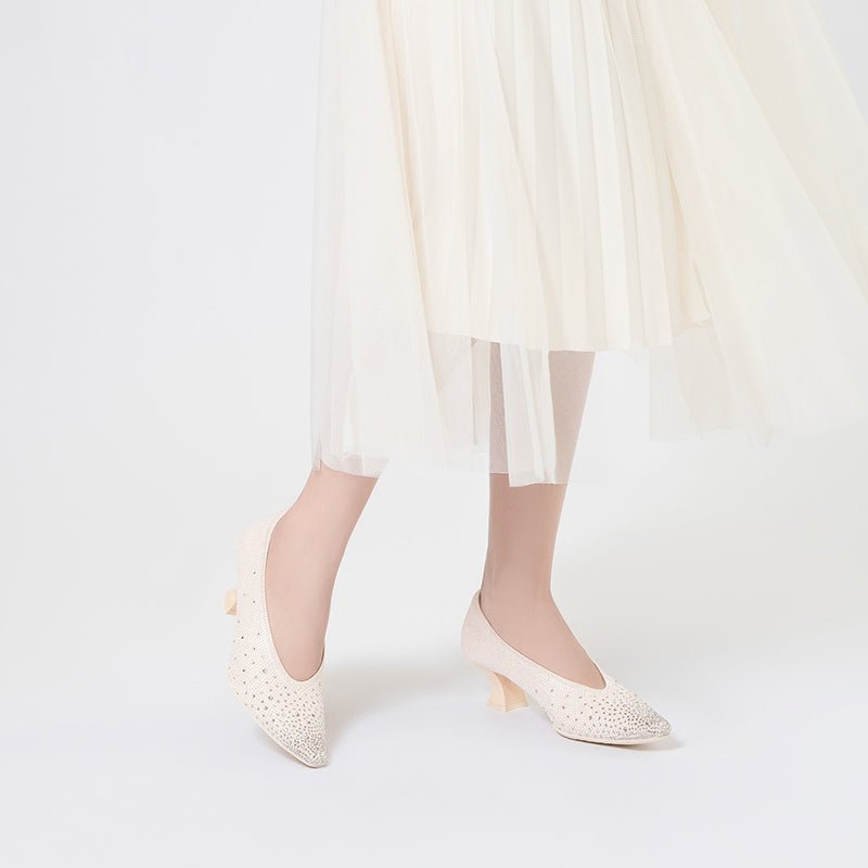 Rhinestone Knit Pointed Toe Pumps – Lightweight 5cm Block Heel Work Shoes