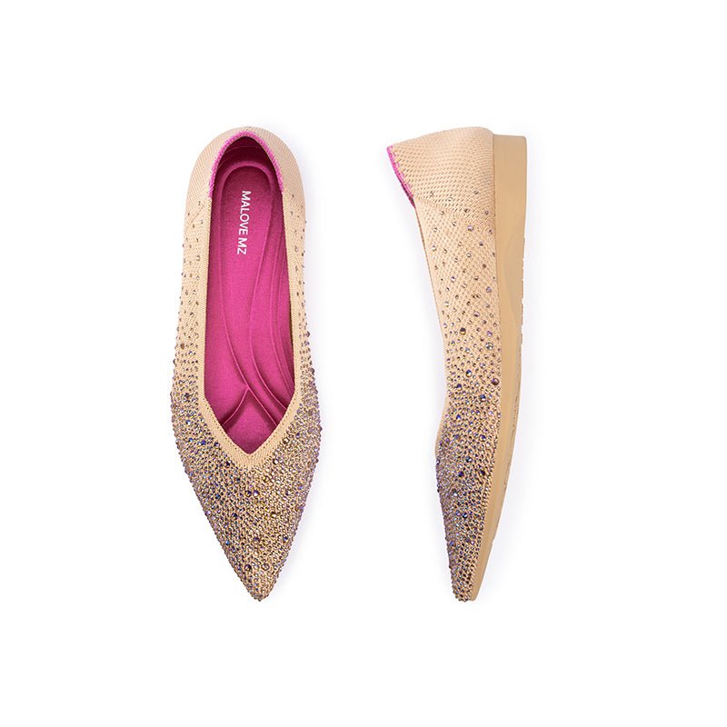 Rhinestone Knit Pointed Toe Ballet Flats – Ultra-Light Slip-On Dress Shoes