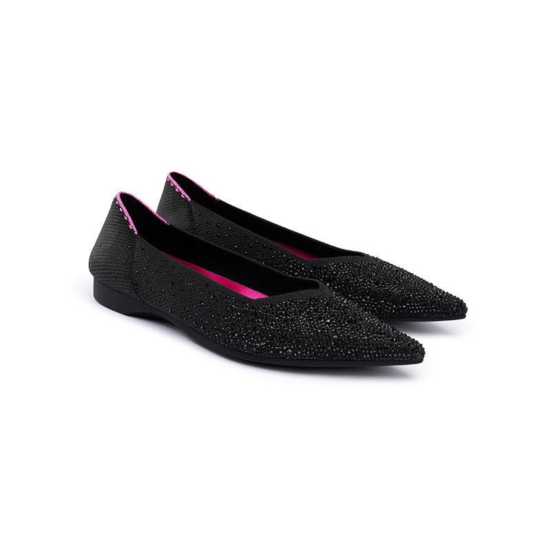 Rhinestone Knit Pointed Toe Ballet Flats – Ultra-Light Slip-On Dress Shoes