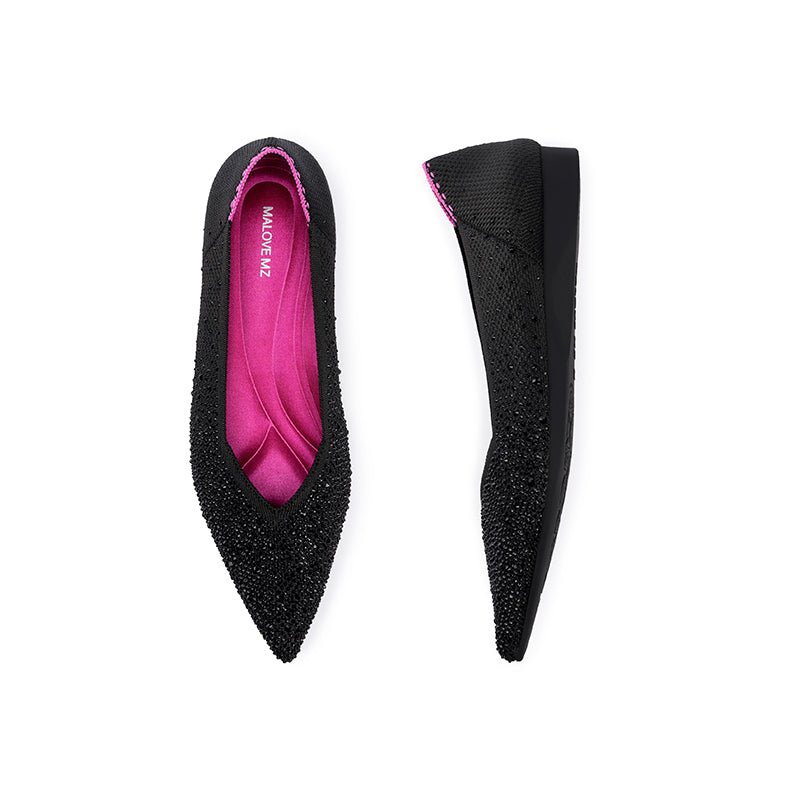 Rhinestone Knit Pointed Toe Ballet Flats – Ultra-Light Slip-On Dress Shoes