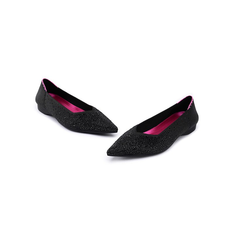 Rhinestone Knit Pointed Toe Ballet Flats – Ultra-Light Slip-On Dress Shoes