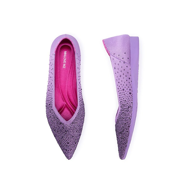Rhinestone Knit Pointed Toe Ballet Flats – Ultra-Light Slip-On Dress Shoes