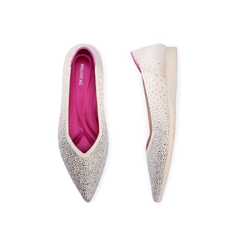 Rhinestone Knit Pointed Toe Ballet Flats – Ultra-Light Slip-On Dress Shoes