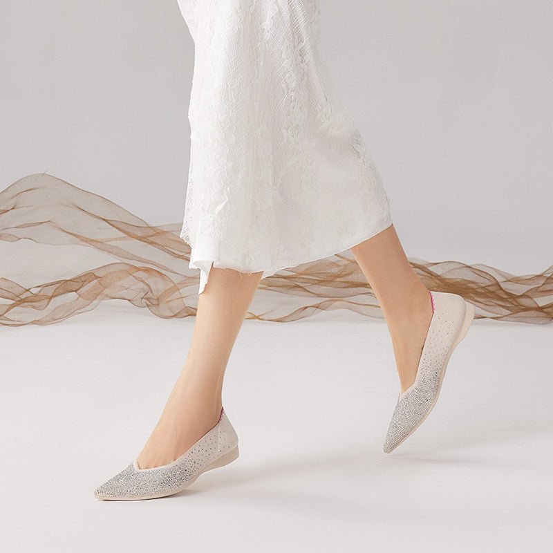 Rhinestone Knit Pointed Toe Ballet Flats – Ultra-Light Slip-On Dress Shoes