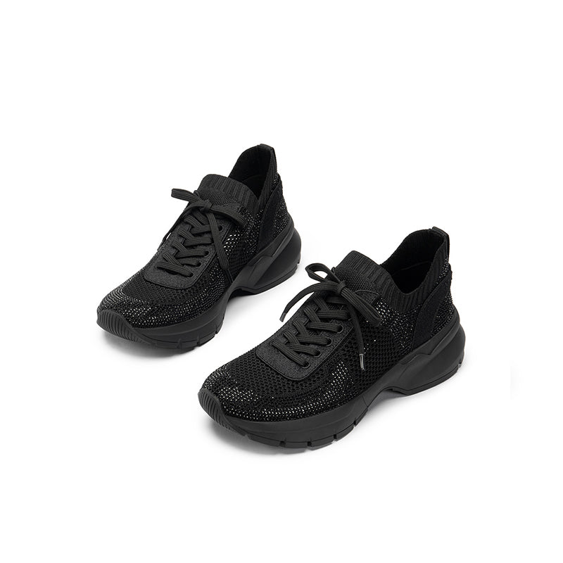 Rhinestone Mesh Knit Chunky Platform Sneakers – Breathable Athletic Work Shoes
