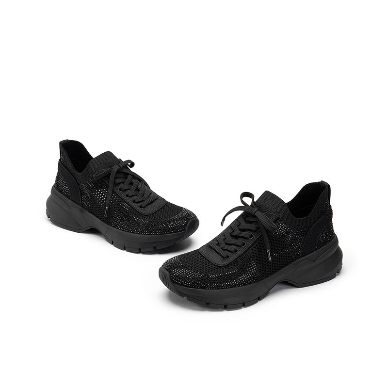 Rhinestone Mesh Knit Chunky Platform Sneakers – Breathable Athletic Work Shoes