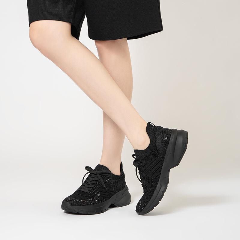 Rhinestone Mesh Knit Chunky Platform Sneakers – Breathable Athletic Work Shoes