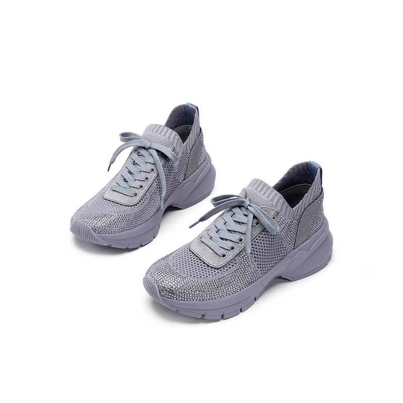 Rhinestone Mesh Knit Chunky Platform Sneakers – Breathable Athletic Work Shoes