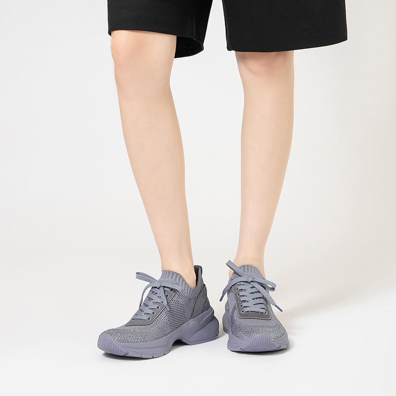 Rhinestone Mesh Knit Chunky Platform Sneakers – Breathable Athletic Work Shoes