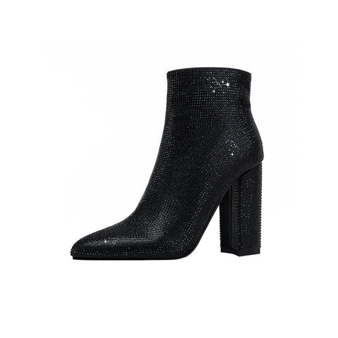 Rhinestone Pointed Toe Ankle Boots with Crystal Block Heel