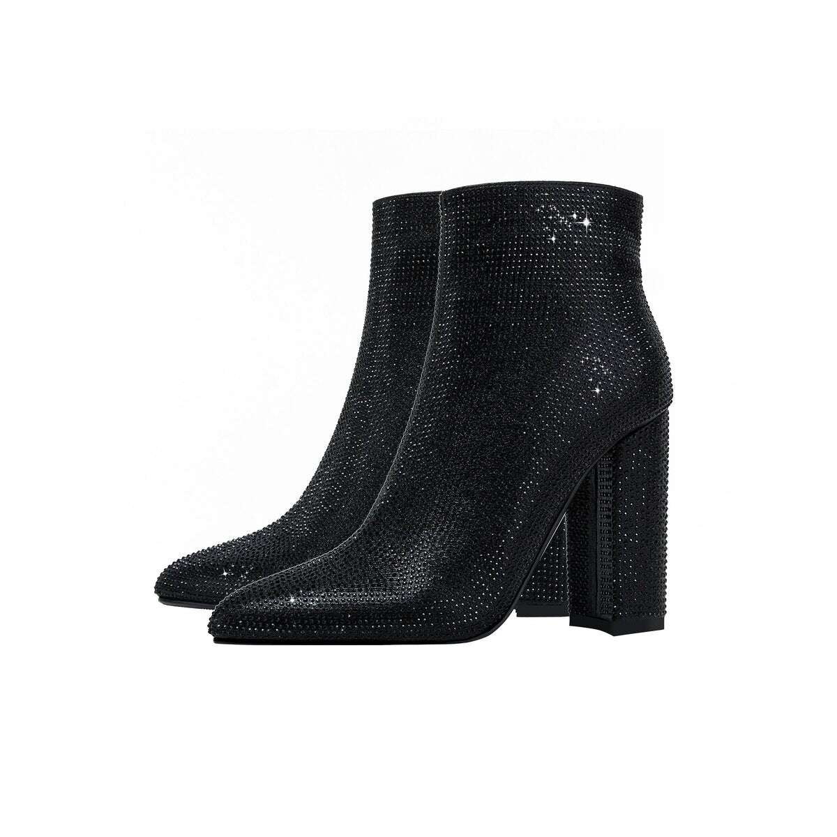 Rhinestone Pointed Toe Ankle Boots with Crystal Block Heel